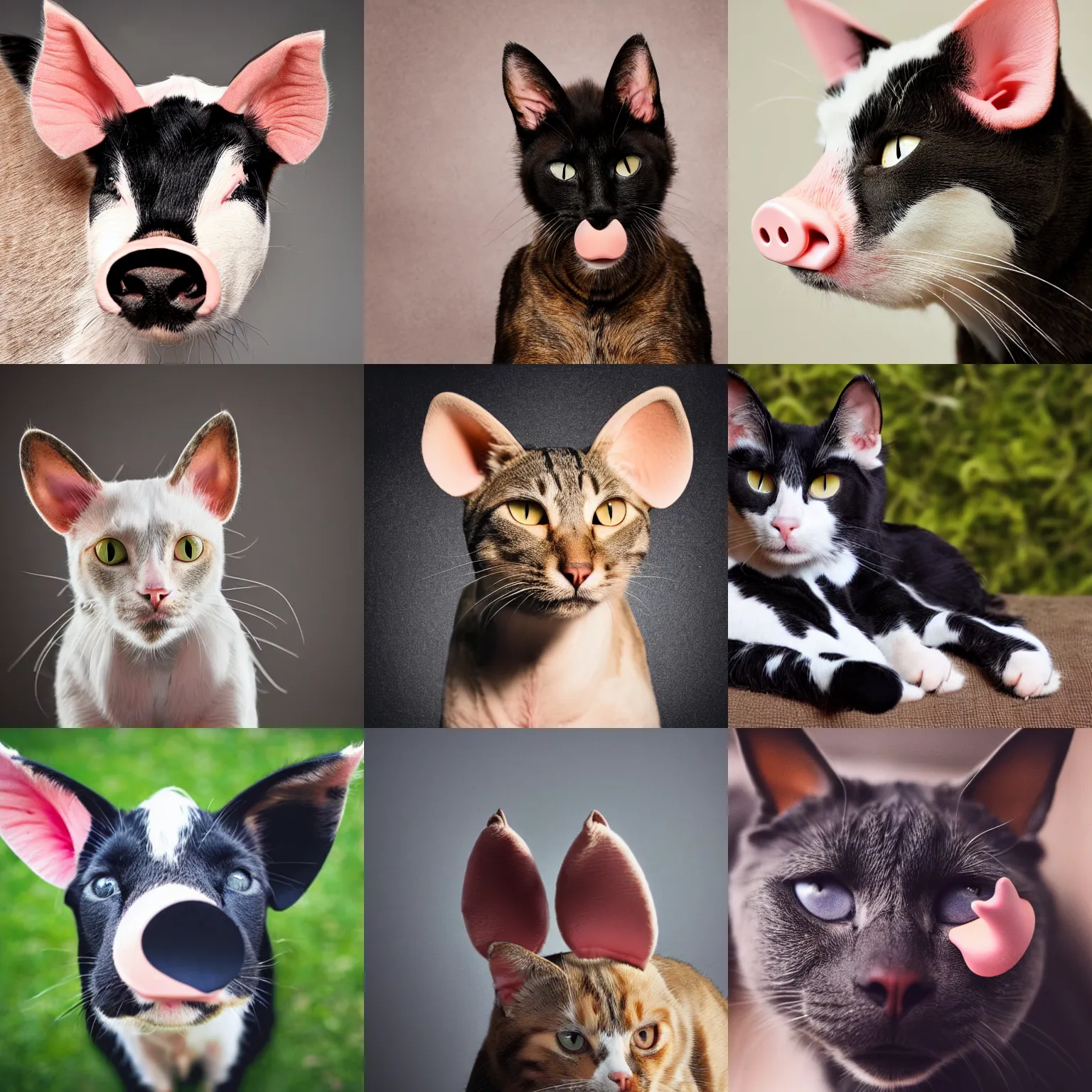 Prompt: full shot of a cat with dog ears and pig nose and cow hair, animal photography