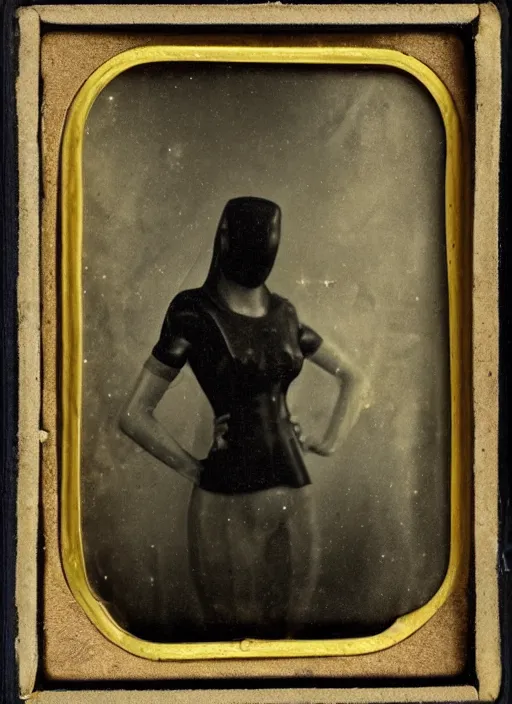 Prompt: wetplate daguerreotype portrait of futuristic astronaut woman, elegant, by louis jacques mande daguerre