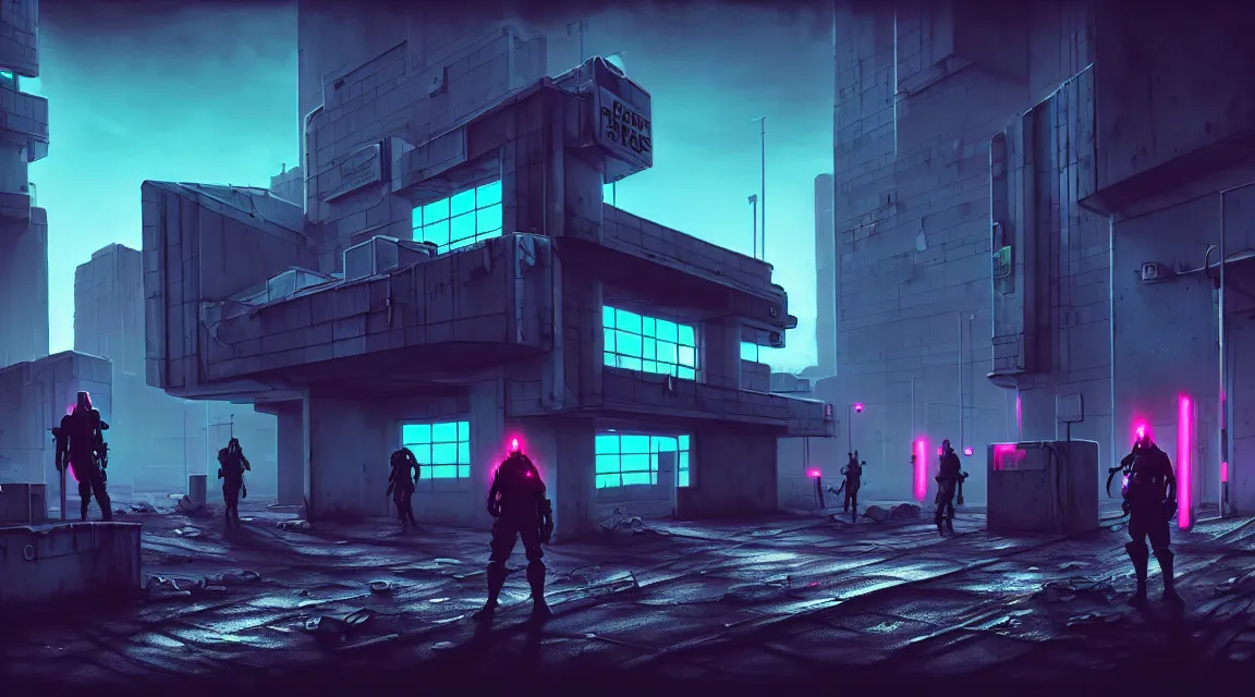 Prompt: post - apocalyptic police station, building, paved roads, sci - fi art, highly detailed photography, trending on artstation, hyperrealistic, human silhouettes, cyberpunk, environment artist, dystopian, science fiction, synthwave neon retro, concrete, vivid colors