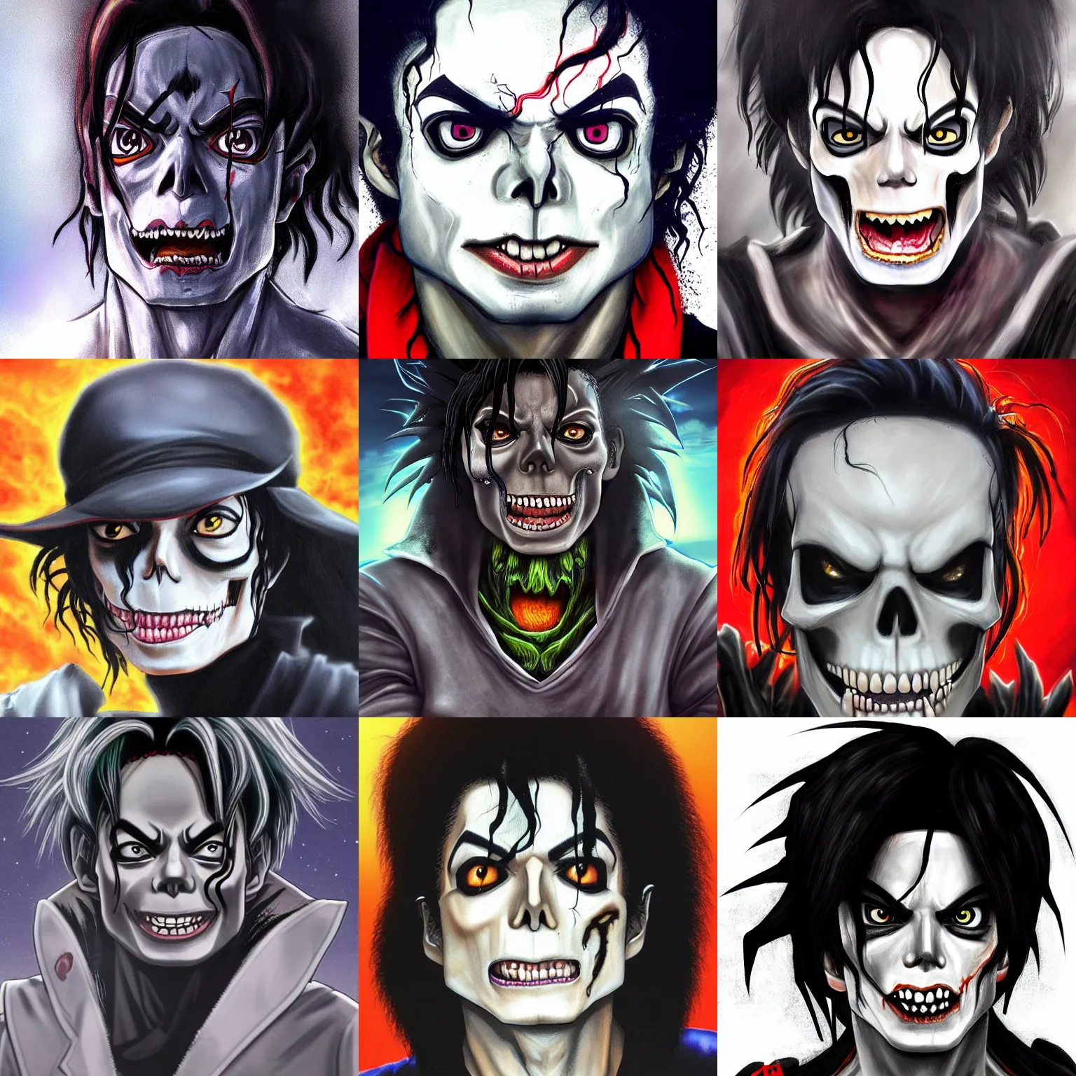 Prompt: michael jackson!!!! realistic dramatic !big face realistic close up concept art of michael jackson skull zombie as a dragon ball Z character,dark eye sockets, graveyard landscape at night , 4k anime character illustration by akira toriyama, artstation