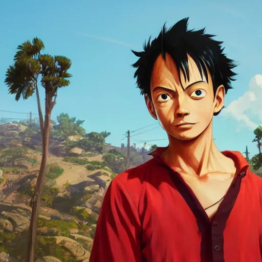 Image similar to highly detailed portrait luffy in gta v, stephen bliss, unreal engine, fantasy art by greg rutkowski, loish, rhads, ferdinand knab, makoto shinkai and lois van baarle, ilya kuvshinov, rossdraws, tom bagshaw, global illumination, radiant light, detailed and intricate environment