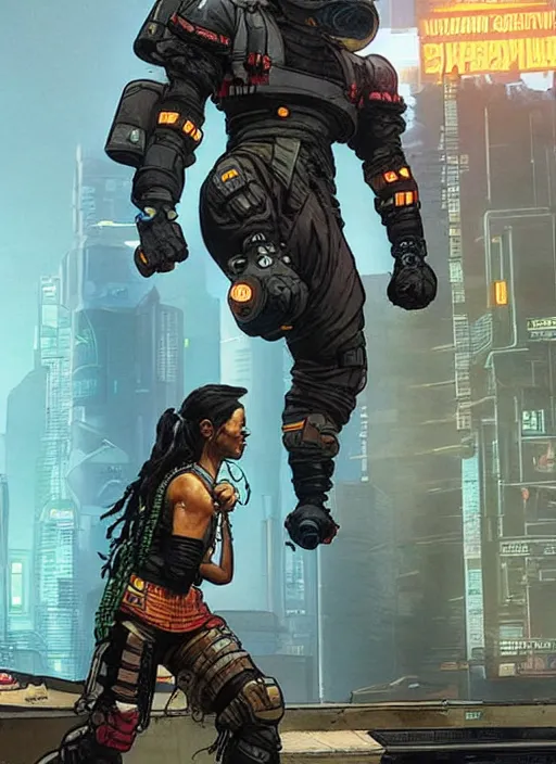 Prompt: apex legends cyberpunk weight lifter. concept art by james gurney and mœbius. cinematic, dramatic lighting ( cyberpunk 2 0 7 7 )