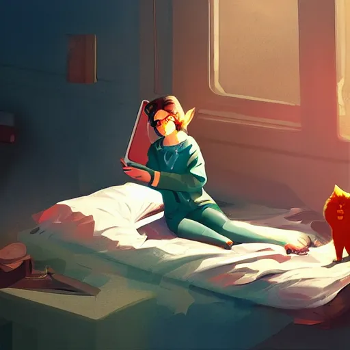 Image similar to a girl is lying on the bed and playing with her mobile phone, a ragdoll cat is lying on the side, characterized by roman shipunov, etienne hebinger, atey ghailan, cgsociety, fantasy art, 2 d game art