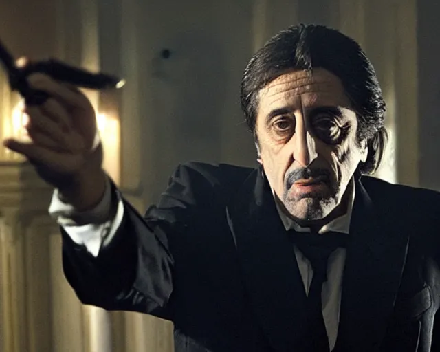 Image similar to mafioso ( al pacino ) casts a spell at some vampires ; scene from the modern hbo mini series / the outfit /, a supernatural mafia crime thriller about magical monster - hunting mafiosi in philadelphia, hd 8 k film photography, with modern supernatural horror aesthetic.