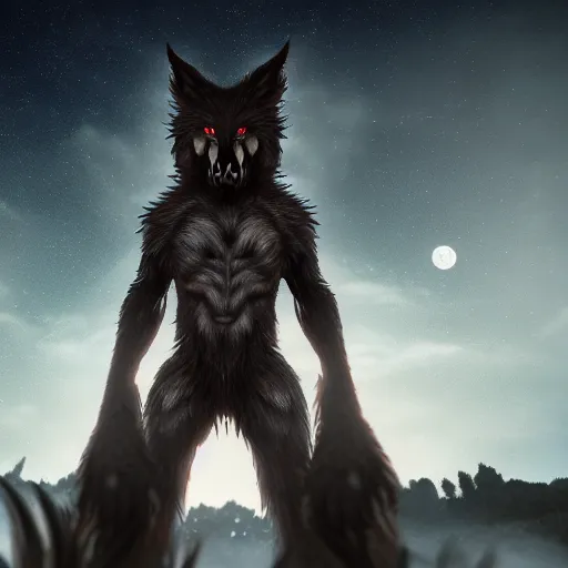 Prompt: male werewolf at night with black realistic fur, under the moon, ultra detail, anime style, 8 k