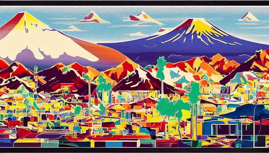 Image similar to award winning graphic design poster, cutouts constructing an contemporary art depicting a lone mount fuji in the distance behind a mountain range isolated on white, a ramen bowl full of rural splendor, bountiful crafts, local foods, edgy and eccentric abstract cubist realism, composition confined and isolated on white, mixed media painting by Leslie David and Lisa Frank for juxtapose magazine