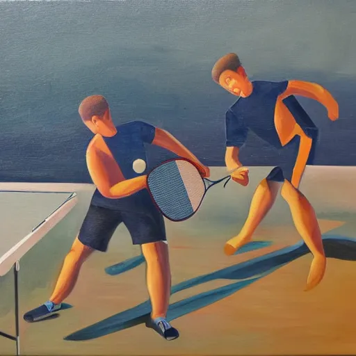 Image similar to Dous gatos xogando ao ping-pong sobre fondo laranxa, oil painting