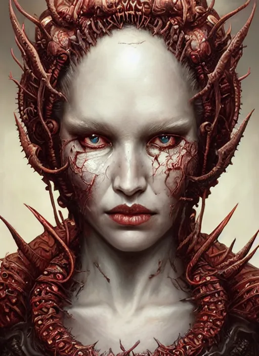 Prompt: a hyper detailed face portrait of the queen of blades, wounded face, diablo 4 lilith, sideshow figurines, by tom bagshaw, artgerm, dorian cleavenger, greg rutkowski, wlop, astri lohne, zdzisław beksinski trending on artstation