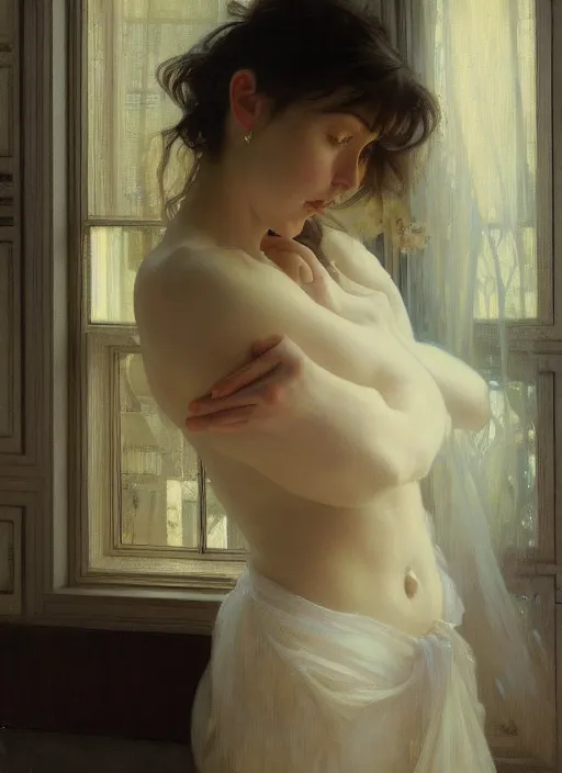 Image similar to a portrait of beautiful woman, inside a modern apartment, detailed oil painting, misty, ethereal, soft lighting, 8 k, by ruan jia and alphonse mucha