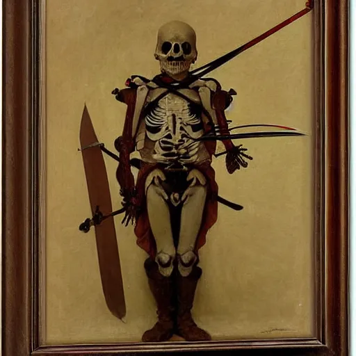 Image similar to portrait of a skeleton archer with big sword, wearing helmets and armor with wings, symmetrical, solemn, sacred, aura, by bouguereau