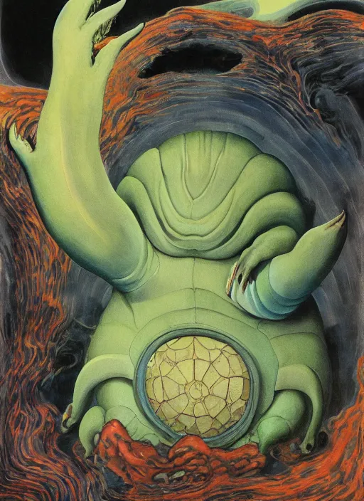 Prompt: a giant tardigrade kaiju retro japanese monster slimy, oil painting, 7 0 s vintage art, by georgia o keeffe, by kay nielsen, by gustave dore, by frank frazetta, nausicaa
