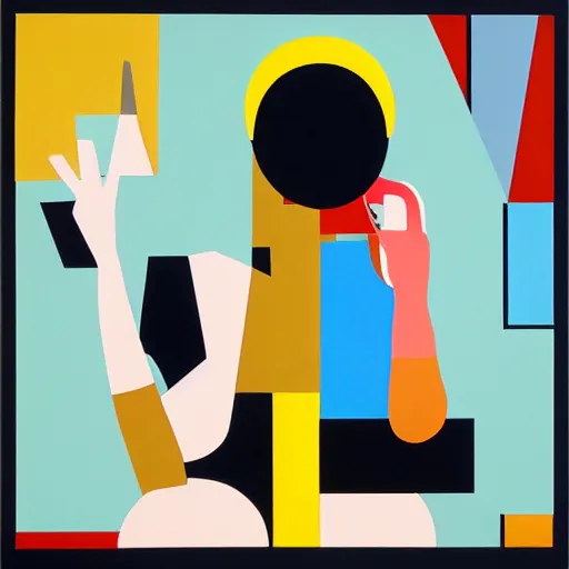 Prompt: A painting of person on the phone, abstract painting in the style of Sophie Taeuber-Arp and Gary Hume and Tatsuro Kiuchi, flat colour-block style, geometric abstraction, dark colours