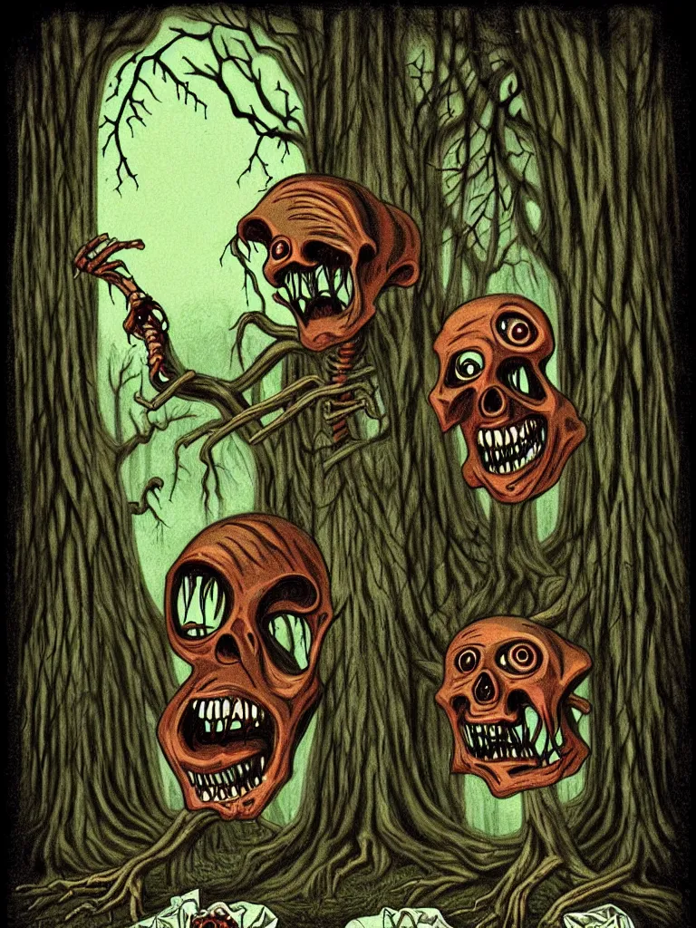 Image similar to full color vintage horror illustration of a freaky ghoul under dead trees with toilet paper streaming down, spooky lighting, pinterest