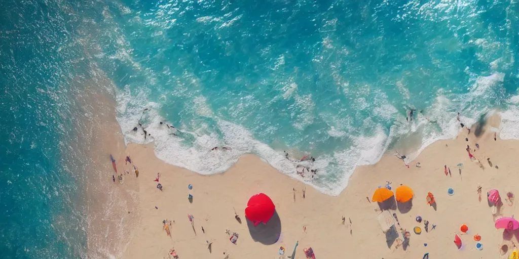 Prompt: a film still of a sunny, windy and colourful beach scene in santa monica, los angelos, aerialshot, wes anderson, studio ghibli, pixar and disney animation, sharp, rendered in unreal engine 5, anime key art by greg rutkowski, bloom, dramatic lighting