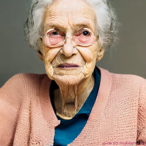 Prompt: portrait of a beautiful 8 7 year old woman with a perfectly symmetrical face. portrait photography, nikon, 5 0 mm, f / 1. 8. sharp. hd. 8 k.