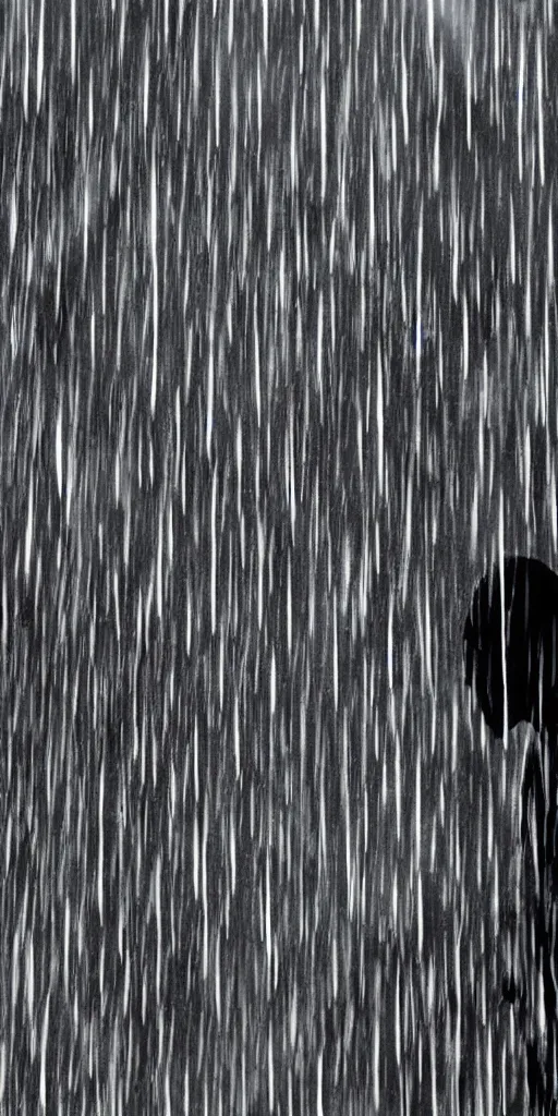 Prompt: Rain pouring down on a shadow figure