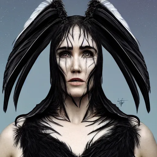 Prompt: jennifer connelly as alien bird - woman, gray skin, wearing black hooded cloak, huge wings, black feathers instead of hair, black feathers growing out of skin, bumpy skin, screaming, losing control, black feathers growing out of face, black hands with black claws, comic book, giger, mucha, trending on artstation