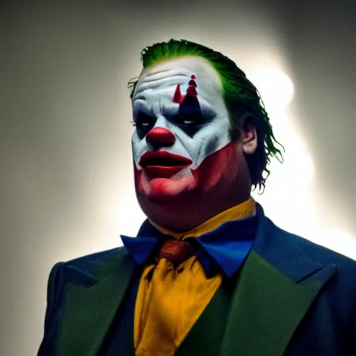 Image similar to stunning awe inspiring chris farley as the joker movie still 8 k hdr atmospheric lighting