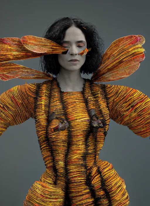 Image similar to an anthromorphic beautiful bee woman wearing striped couture made out of wax and paper and flower petals, at a fashion shoot, trending on Art Station, 3D, octane render,