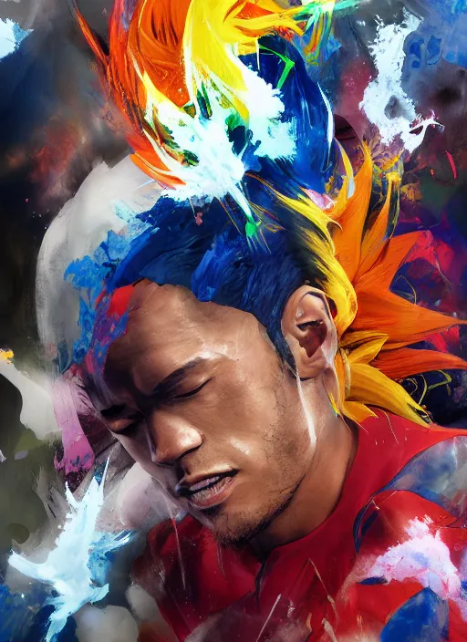 Image similar to semi reallistic gouache gesture painting, by yoshitaka amano, by ruan jia, by Conrad roset, by dofus online artists, detailed 3d render of neymar as sayajin, Neymar soccer player transformed on Super Saiyan, Neymar jr, portrait, cgsociety, artstation, rococo mechanical, Digital reality, sf5 ink style, dieselpunk atmosphere, gesture drawn