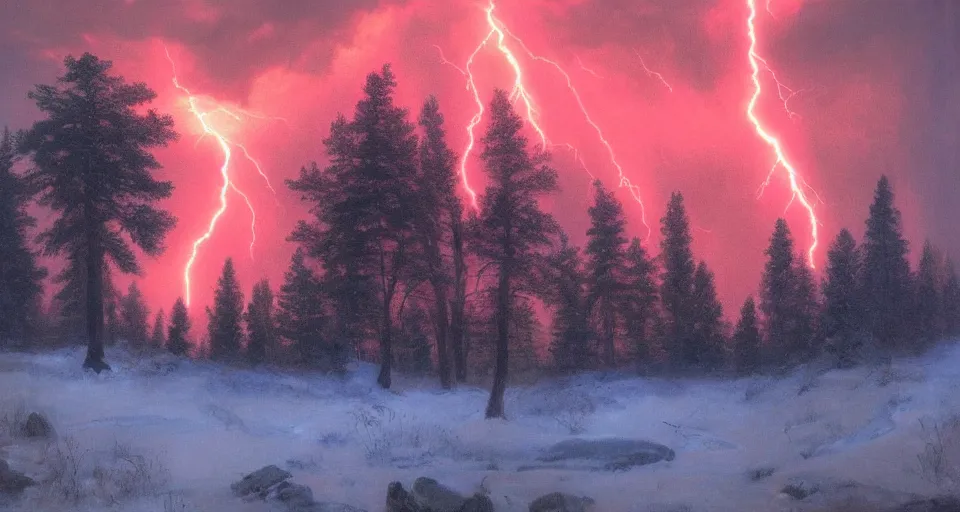 Image similar to red glow, windy, by eugene von guerard, ivan shishkin, night, lightning!!, storm!, dramatic lighting, concept art, trending on artstation, 8 k