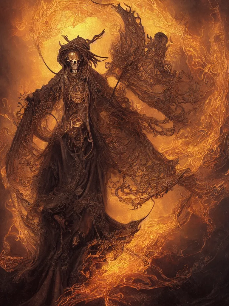 Prompt: breathtaking detailed soft painting of a grim reaper with an intricate golden scythe and cloak of fireflies and embers, rembrandt style, detailed art nouveau stained glass of flames background, christian saint rosace, elegant, highly detailed, artstation, concept art, matte, sharp focus, art by Tom Bagshaw, Artgerm and Greg Rutkowski