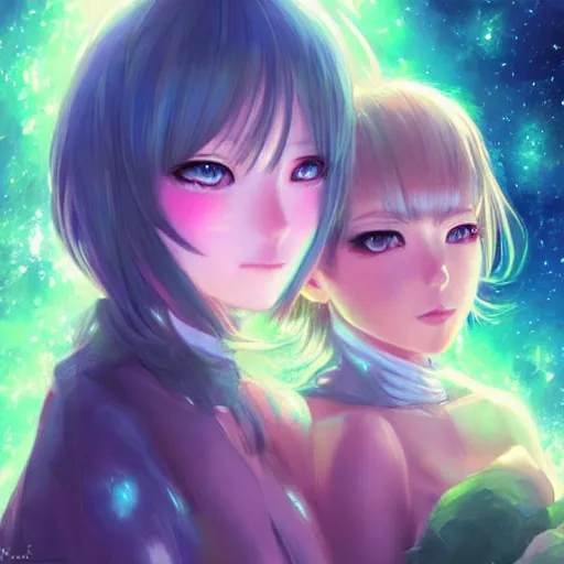 Prompt: A realistic anime painting of two beautiful cosmic girls with glowing green eyes and cosmic skin wearing dresses made out of the galaxy. digital painting. by Stanley Artgerm Lau, Sakimichan. WLOP. Makoto Shinkai. Rossdraws. Pixivs. digital render. trending on Pixiv. SFW version —H 1024