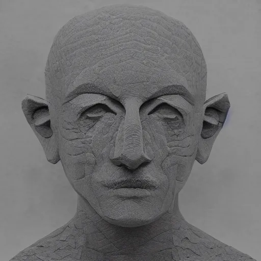 Prompt: hand-made 4D stone sculpture of a human head, abstract, detailed texture, dynamic light, shadows, 35mm portrait