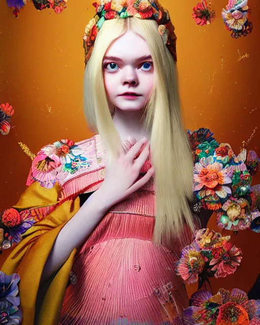 Prompt: a beautiful cute Elle Fanning wearing modern stylish costume in the style of Assamese bihu mekhela sador gamosa design, commercial fashion design art by Hikari Shimoda, face by Ross Tran and daz3d genesis iray, cinematic lighting, medium shot, mid-shot, slim female figure ramp walk model pose, highly detailed, trending on Artstation, Unreal Engine 4k, cinema 4d multi-pass ray traced, 8k fabric texture details, octane render, diffused natural skin glow