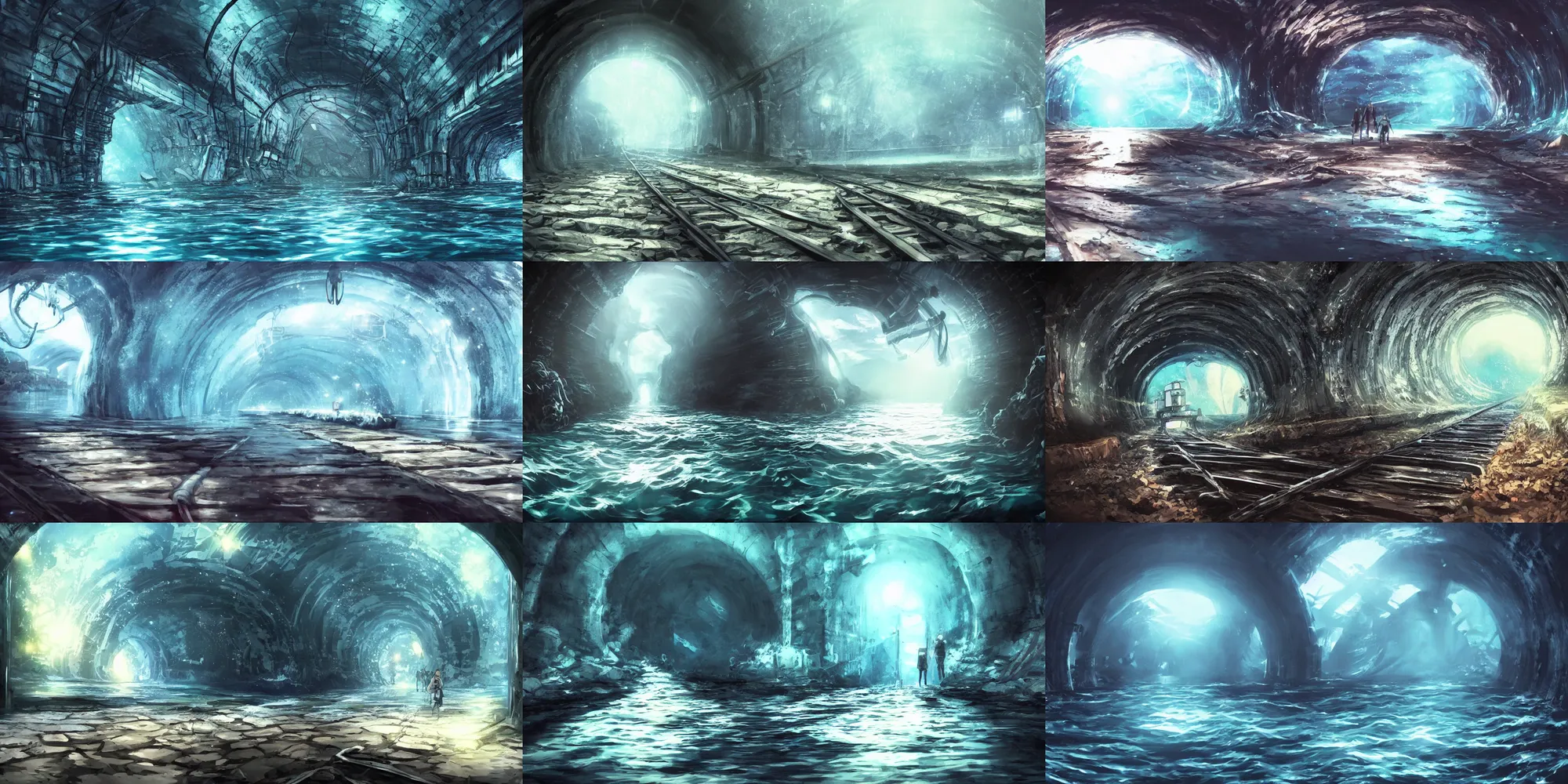 Prompt: outside a dark train tunnel entrance, thalassophobia, anime