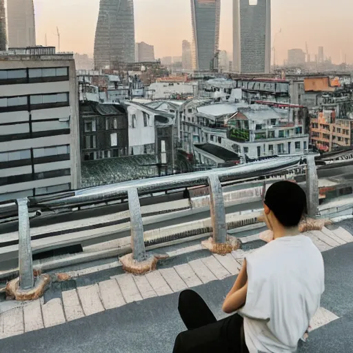 Image similar to a small rooftop with a couple of people sitting and watching the view, wearing black modern clothes, modern shanghai bund is on the background, sunset, by gregory crewdson