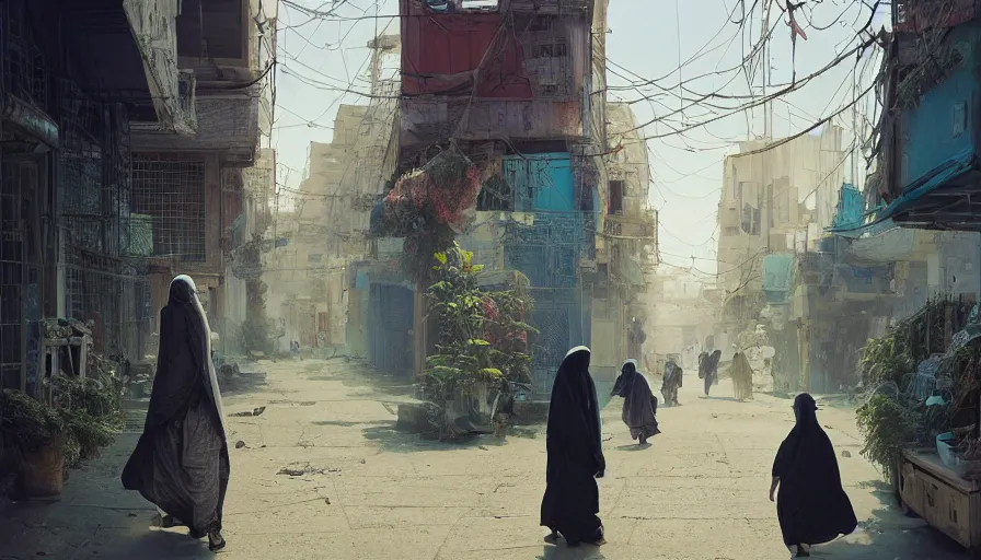 Prompt: old jeddah city stree, roshan, shops, a bright pharmacy, a nomad wearing a worn out coat, plants, old tree, kids, dramatic lighting fantasy, sci fi, by caspar david friedrich by beeple and james gilleard and justin gerard, centered, artstation, smooth, sharp focus, photoreal octane render, by jean baptiste monge