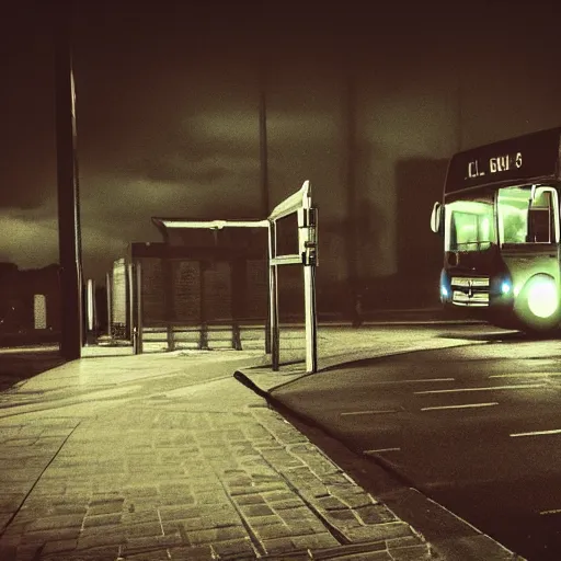 Image similar to dark city bus stop, urbex photography, very detailed,ArtStation