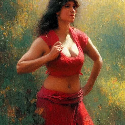 Prompt: a woman in a red top with a normal body type, painting by Gaston Bussiere, Craig Mullins