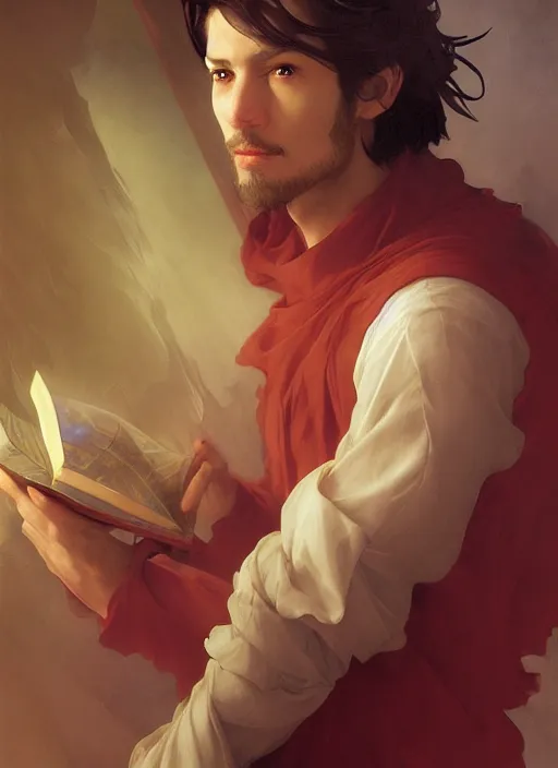 Image similar to character concept portrait of an attractive young focused Spanish wizard with pale red skin enchanting an arousal spell, a floating iridescent spell book in the center, intricate, elegant, digital painting, concept art, smooth, sharp focus, illustration, from Metal Gear, by Ruan Jia and Mandy Jurgens and William-Adolphe Bouguereau, Artgerm