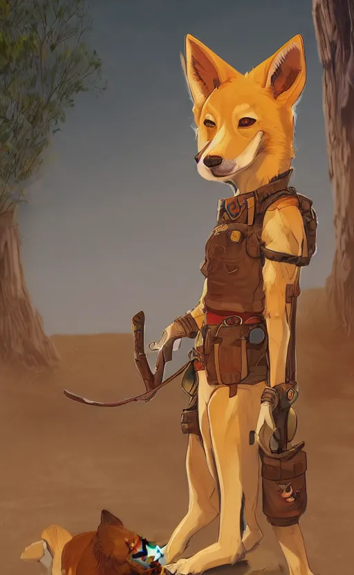 Prompt: stylized 3 / 4 portrait concept art of the anthro anthropomorphic dingo dog head animal person fursona wearing clothes adventurer standing in australia outback, hidari, color page, tankoban, 4 k, tone mapping, akihiko yoshida