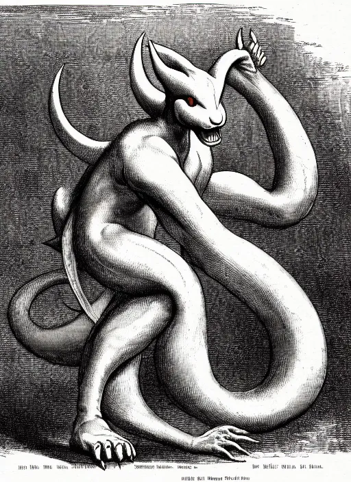 Image similar to illustration of mewtwo as a demon from the dictionarre infernal, etching by louis le breton, 1 8 6 9, 1 2 0 0 dpi scan, ultrasharp detail, clean scan