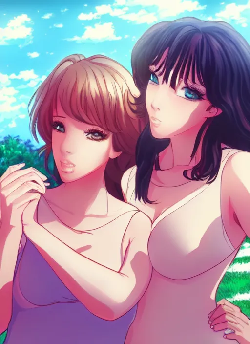 Image similar to two beautiful mothers in a summer home, gorgeous faces, thick lines, cinematic lighting, detailed anime art