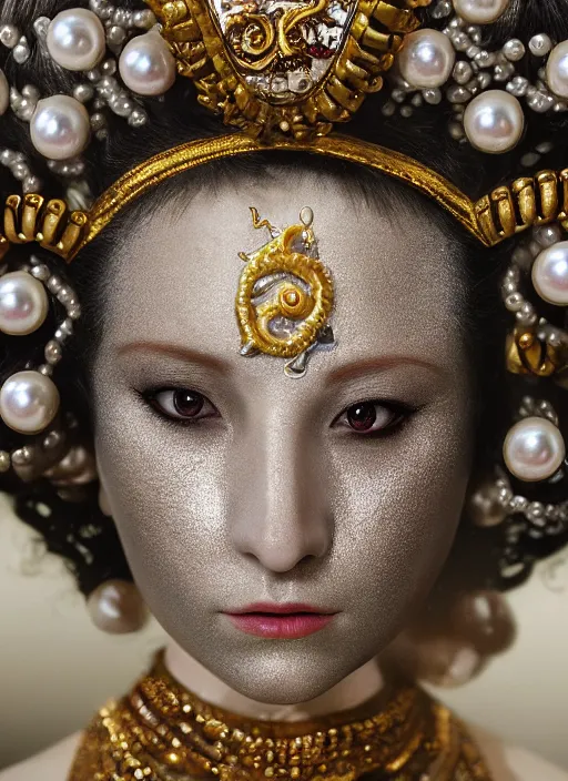 Image similar to hyperrealism, detailed textures, award winning autochrome photo, symetrical japanese pearl medusa queen autochrome pearl portrait, pearl silverplate, intricate, detailed facial pearl animal mask, pearl, golden jewelery, silverplate, ultra realistic, cinematic, intricate, cinematic light by steve mccurry, unreal engine 8 k