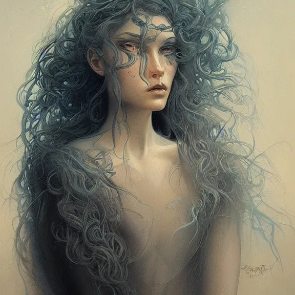 Image similar to a highly detailed beautiful portrait in the style of jean delville and in the style of peter mohrbacher.