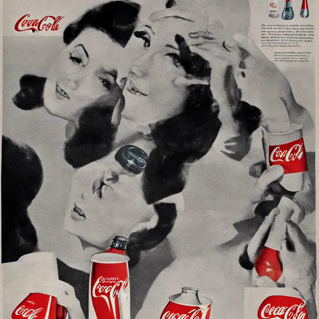 Image similar to a woman drinking a bottle of coke, coka-cola advertisement, retro ad, print advertising, 1960's