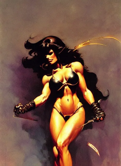 Prompt: ample golden saint girl, strong line, deep color, beautiful! coherent! by frank frazetta, by brom, low angle