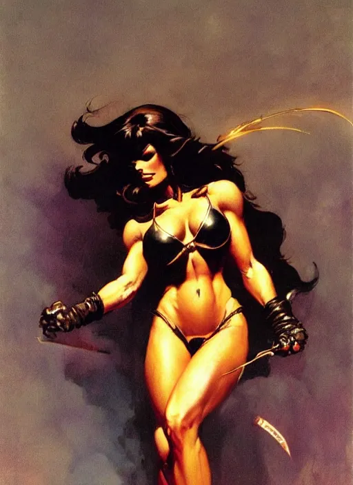 Image similar to ample golden saint girl, strong line, deep color, beautiful! coherent! by frank frazetta, by brom, low angle