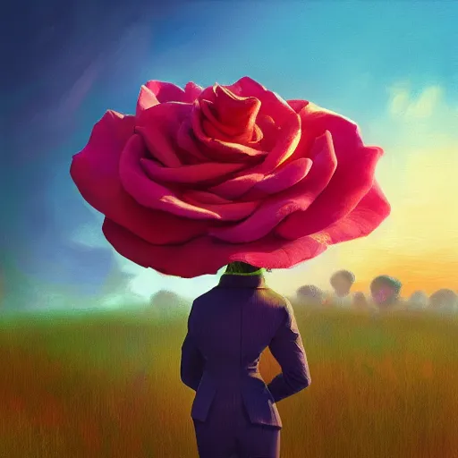 Image similar to closeup, giant rose flower head, frontal, girl in a suit, surreal photography, sunrise, blue sky, dramatic light, impressionist painting, digital painting, artstation, simon stalenhag