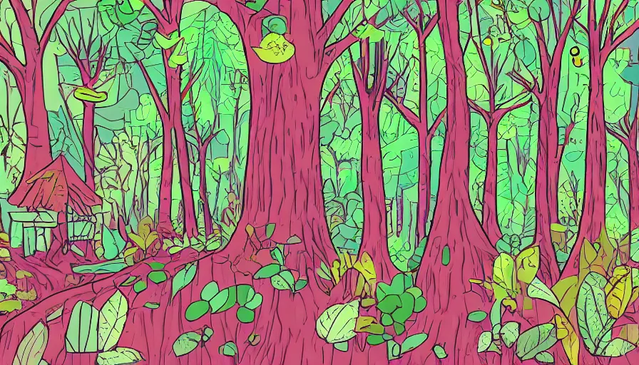 Prompt: forest filled with ruins, giant trees, tiny rocket, colorful, vector style drawing