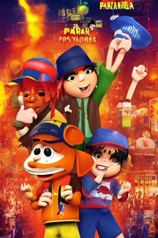 Prompt: parappa the rapper and tommy wiseau, ghanaian movie poster, highly detailed, olive garden, explosions, pasta, high octane render, hd, realism
