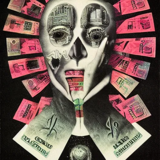 Image similar to post - punk new age album cover, asymmetrical design, frame of a dollar bank notes, capitalism, magic, apocalypse, psychedelic, black white pink, magic, giger h. r., giuseppe arcimboldo