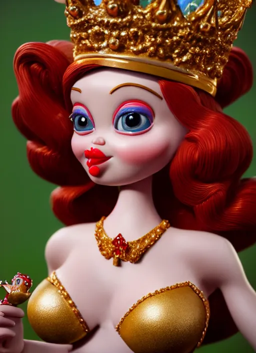 Image similar to highly detailed closeup, face profile portrait of a tin toy jessica rabbit as a fairytale princess wearing a crown eating cakes, bikini, unreal engine, nicoletta ceccoli, mark ryden, earl norem, lostfish, global illumination, detailed and intricate environment