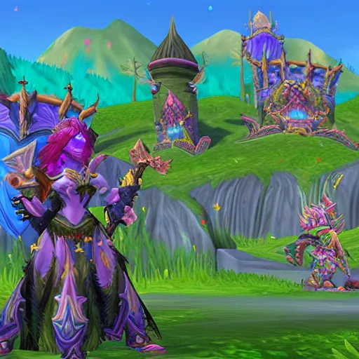 Prompt: world of warcraft in - game in the style of lisa frank