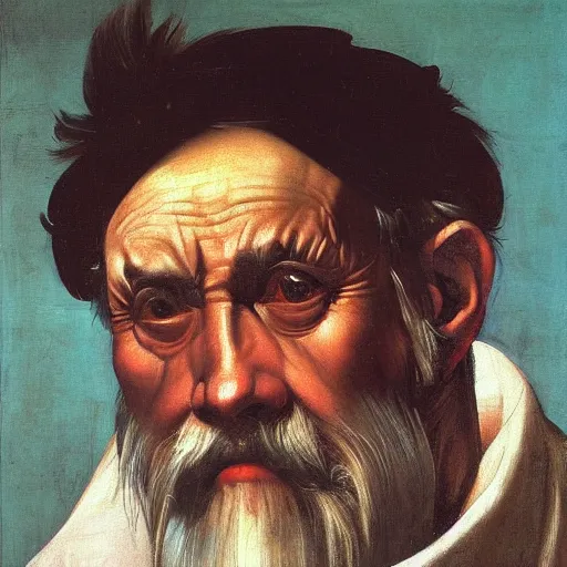 Image similar to detailing character concept portrait of old man by Caravaggio, on simple background, oil painting, middle close up composition